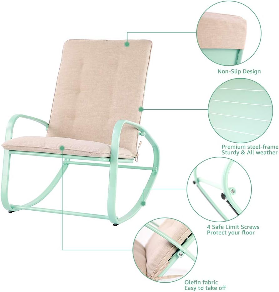OC Orange-Casual Patio Furniture Rocking Chairs with Removable Paded Beige Cushion, Outdoor & Indoor Metal Rocker, Turquoise : Garden & Outdoor