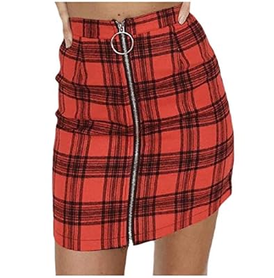 NestYu Women Nightclub Style Fit Plaid Short Fashion Zip-Up Pencil Skirt