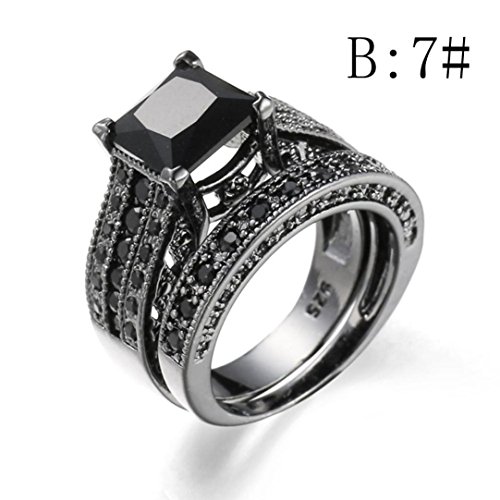 Auwer Rings, 2-in-1 Womens Vintage White Diamond Silver Engagement Wedding Band Ring Set (US Size 6, Black)
