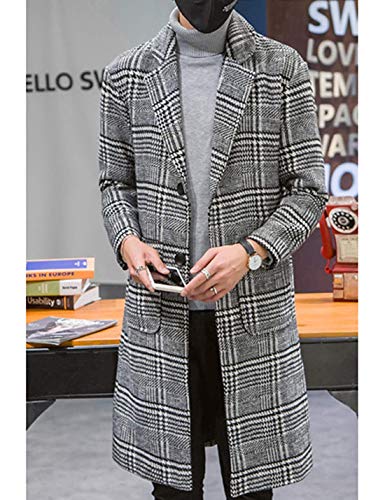 Uaneo Men's Casual Notch Lapel Single Breasted Plaid Mid Long Trench Pea Coat (Gray, X-Large)