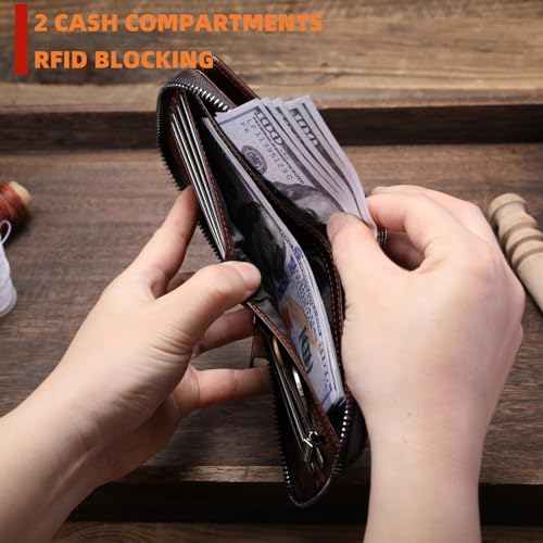 BULLCAPTAIN Genuine Leather Men's Wallet with Zipper Vintage RFID Blocking Large Capacity Wallet for Men with 14 Credit Card Slots and 1 ID Window T23 (Coffee)