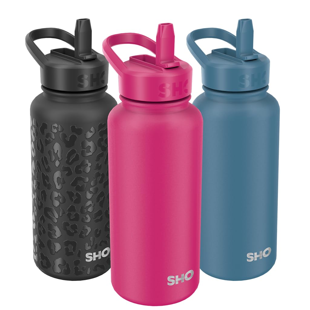 SHO Guzzler Water Bottle with Straw Lid - Leakproof, Dishwasher Safe, BPA Free, No Sweat, Vacuum Insulated Double Walled Metal Flask, 950ml & 1900ml - 24 Hours Cold (Raspberry, 950ml)
