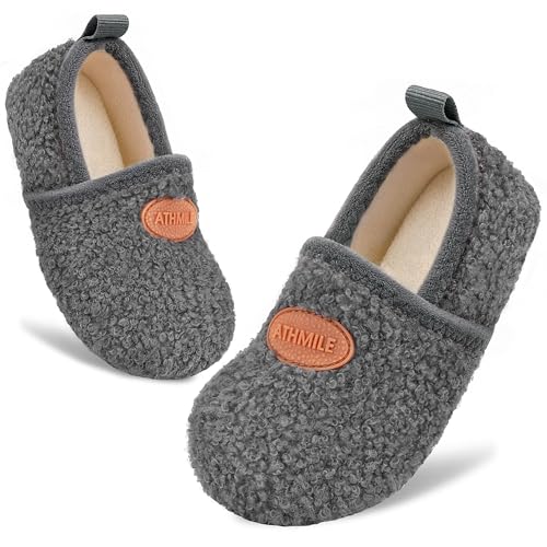 ATHMILE Toddler Kids Slippers Anti-Slip Warm Teddy Fleece House Slippers Slip-On Slipper Socks Lightweight Indoor Outdoor Walking Shoes for Home Travel Kindergarten Gift for Boys Girls at Amazon