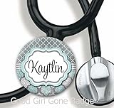 Stethoscope Tag - Blue Grey Shabby Damask - Personalized Name - Steth ID Tag