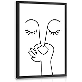 IAFWZX Wood Framed Funny Bathroom Wall Art, Abstract Humor Toilet Wall Decor, Minimalist Face Line Canvas Painting, Modern Black and White Bathroom Poster Print for Restroom Guest Bedroom 8"x10"