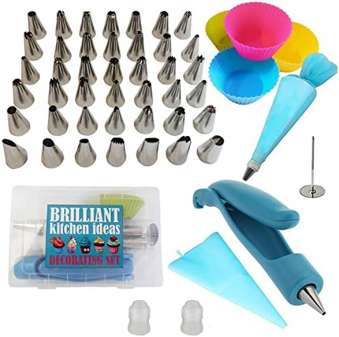 Cake Decorating Supplies Tips 52 pcs Set: 42 Stainless Steel Tips, 1 Decorating Pen, 2 Silicone Piping Bags, 1 Flower Nail, 2 Couplers, 4 Cupcake Liners. Cupcake Decorating Set