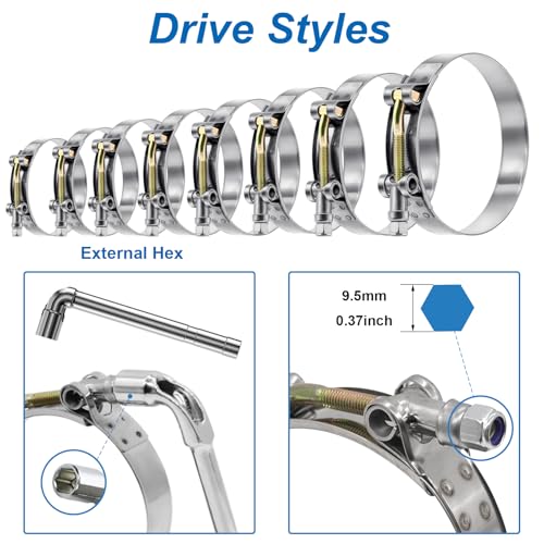 Tnisesm 16Pcs 8 Sizes T-Bolt Hose Clamps, 304 Stainless Steel Heavy Duty photo 12