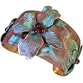 Elaine Coyne Wearable Art Patina Dogwood Flowers Cuff Bracelet - Amethyst, Carnelian, Garnet