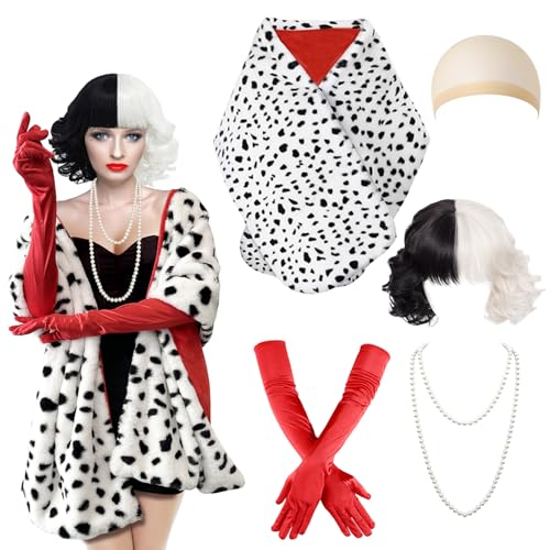 Photo 1 of 5PCS Halloween Costume Women, Black and White Wig, Dalmatian Shawl, 1920s Red Gloves, Decorative Rod, Faux Pearls Necklace and Wig Cap, Dalmatian Costume Women Coat for Halloween Cosplay Party