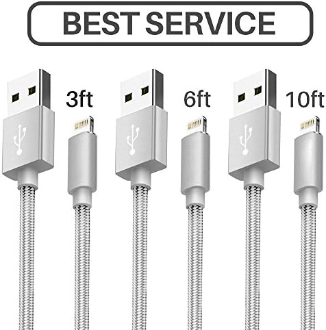 iPhone Cable,Lansen Lightning Cable 3Pack 3FT 6FT 10FT Nylon Braided Cord to USB Charging iPhone Charger for iPhone X/ 8 / 7 /7 Plus/6/6 Plus/6S/6S Plus /iPad Air/ Mini-Gray