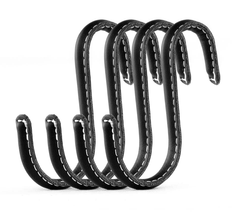 Brute Strength - S Shaped Hooks Wrapped in Full Grain Leather - 4 pcs - Black - 10 cm Stainless Steel Metal Hangers Hanging Hooks for Kitchen, Work Shop, Bathroom