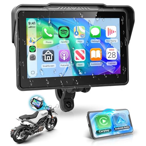 Rimoody Wireless Carplay Display Motorcycle Android Car, 7 Inch Touchscreen Car Play Portable Car Radio for Motorbike, CarPlay Monitor for Motorbikes, Bluetooth / IP68 Waterproof, Voice Control, Ships