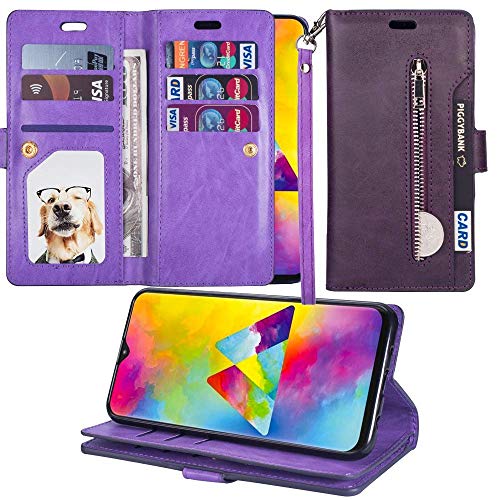 L-FADNUT Case for Samsung Galaxy A20/A30 Zipper Wallet Case Luxury PU Leather Flip Case Dual Folio Card Slot Soft TPU Inner Wrist Strap Magnetic Stand Case Cover for Samsung Galaxy A20/A30 Purple