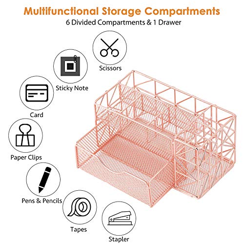 Rose Gold Pen Organizer, All in One Cute Mesh Office Supplies Accessories Caddy for Home & Office Desktop Organization… - Image 3