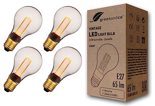 greenandco 4x dimmbare Vintage Design LED Birne zur Stimmungsbeleuchtung | E27 A60 | klar | 2,3W 65lm | 1800K extra warmweiß | 320° | 230V | flimmerfr