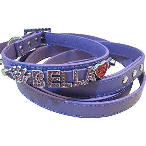 Bling Stuff For Fun TM - Plain PU Leather Cute Bling Custom Personalized Name Collar and Matching 5FT Leash Set For Large Medium Small Size Dogs And Puppies (M: Neck Size 11.2"-14", Orchid)