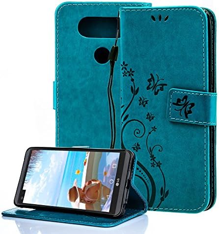 For LG V20 Case Wallet ,Areall[Butterfly Flower Vine Design] Premium Flip Folio Leather Back Cover with Kickstand Card Slots ID Holder Magnetic Closure Snap - Blue