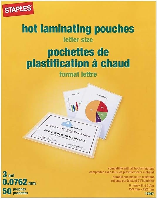 Staples Letter Size Thermal Laminating Pouches, 3 mil, 50 Pack