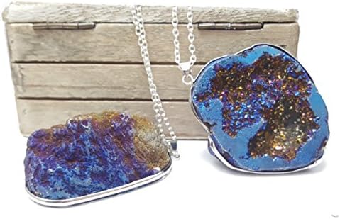Titanium Geode Quartz Druzy Reversible Crystal Rock Silver Plated 30" Necklace