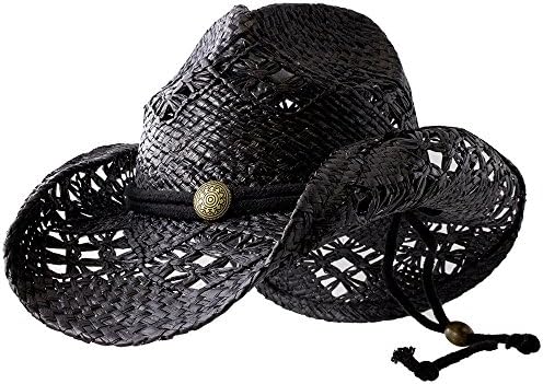 Sonoma - Deadwood Trading | Raffia Straw Cowboy Hats for Men & Women | Hit The Beach in Cowgirl Style | Cute Summer Hat w/Shapeable Brim, Metal Concho & Adjustable Chin Strap (Medium - Black)