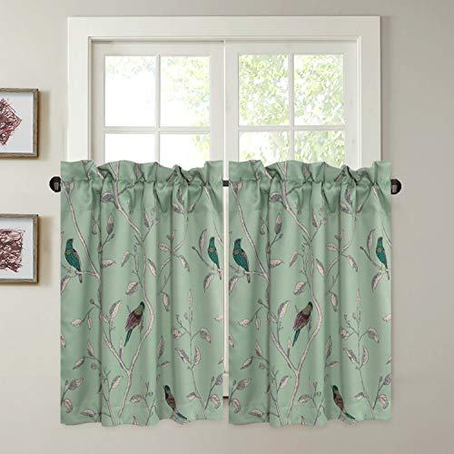 H.VERSAILTEX Ultra Soft Textured Woven Kitchen Curtains Rod Pocket Window Curtain Tiers for Caf&eacute;/Bath/Laundry/Bedroom - Sage Green Base with Turquoise Birds - (29" W x 24" L,2 Pieces)