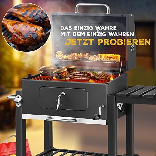 ® Chariot à Barbecue | Grill XL à Charbon de Bois avec Couvercle, Roues, poignée en Acier Inoxydable, Grille et thermomètre | Grand Barbecue au Charbon de Bois