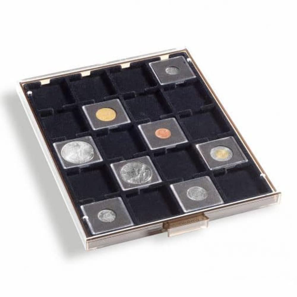 Lighthouse coin box QUADRUM, 20 square compartments up to 50 mm Ø, smoke coloured, with black drawer