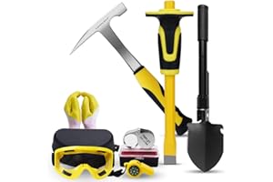 A peerless shovel 8 PCS Geology Rock Pick Equipment Kit,21 oz. Rock Pick Hammer,1pcs Mason Chisel, Tool Set for Hounding,Gold Mining & Prospecting(Yellow)