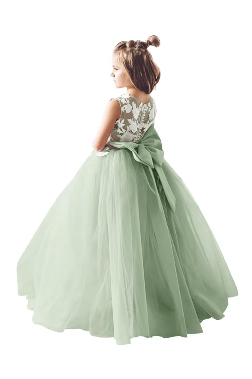 Photo 1 of Inpown Sage Green Lace Applique Tulle Flower Girl Dress for Wedding Long Sleeveless Bridesmaid Dresses Princess Party Ball Gowns Size 12