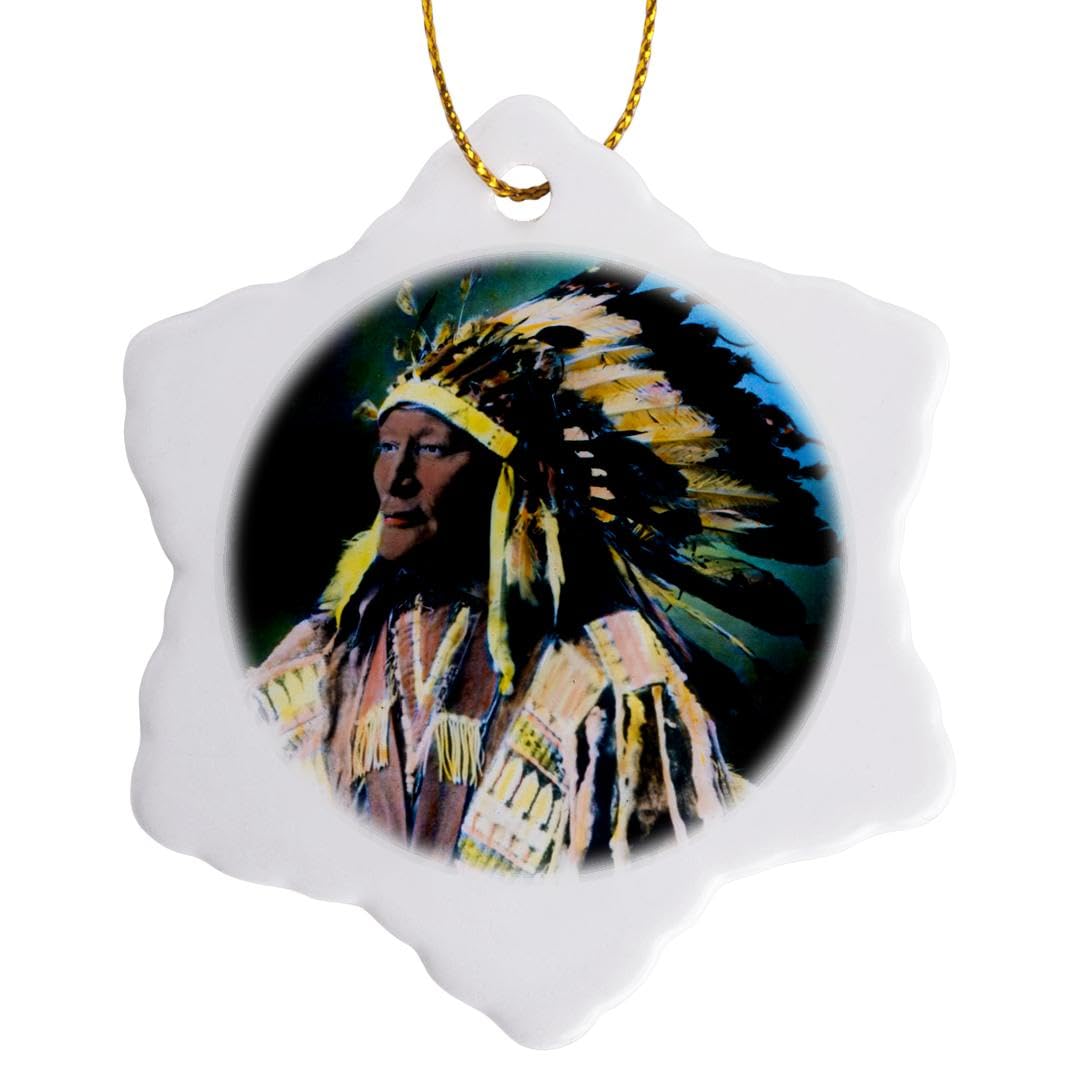 3dRose Vintage Magic Lantern Native American Sioux Chief Hand Snowflake Ornament, Porcelain, Multi-Colour, 3-Inch