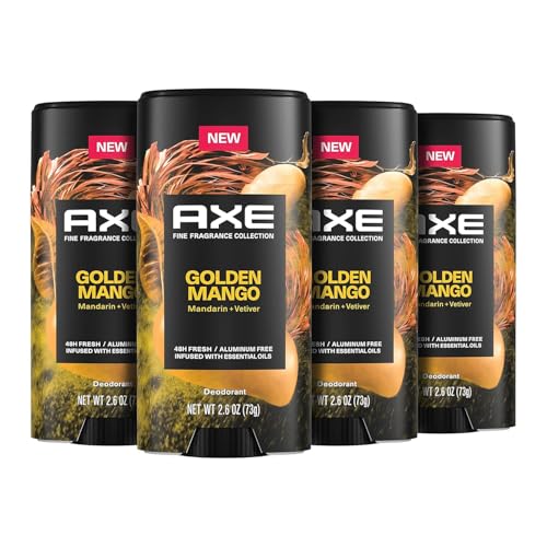 AXE FINE FRAGRANCE COLLECTION DEODORANT STICK GOLDEN MANGO 4 COUNT WITH 48H FRESHNESS AND ODOR PROTECTION DEO STICK AND FRESHNESS INFUSED WITH MANGO, MANDARIN, AND VETIVER ESSENTIAL OILS 2.6 OZ