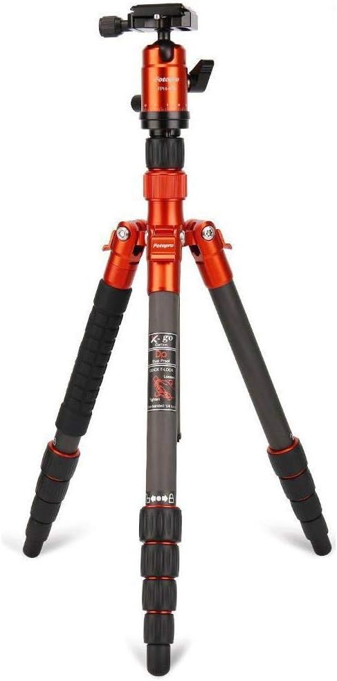 Fotopro X-Go 5-Section Carbon Fiber Tripod with Built-in Monopod, FPH-42Q Ball Head, 17 lbs Capacity, 56" Maximum Height - Orange