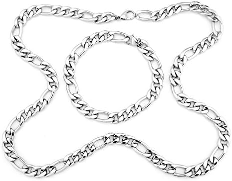 EnM Jewelry Stainless Steel Figaro Chain Bracelet Necklace Set, Silver Color, 11.5mm Wide, Bracelet 10" Necklace 44"