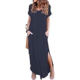 HUSKARY Women's Summer Maxi Dress Casual Loose Pockets Long Dress Short Sleeve Split Maxi Dresses