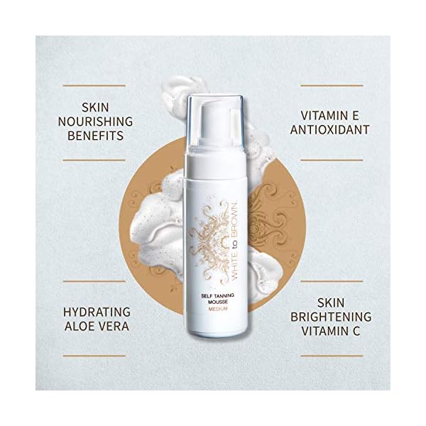 WHITE-to-BROWN-Self-Tanning-Mousse-Medium-is-a-Luxurious-No-Transfer-Fake-Tan-Mousse-Fast-Drying-Easy-application-for-a-Long-Lasting-Natural-Looking-Streak-Free-Tan-150ml WHITE to BROWN Self Tanning Mousse made with Natural Ingredients. Fast Drying, Easy application for a Long-Lasting…