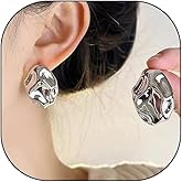 Trendy Gold Statement Stud Earrings for Women,Silver Hammered Irregular Geometric Stud Earrings Dainty Earrings Lightweight Jewelry Gifts