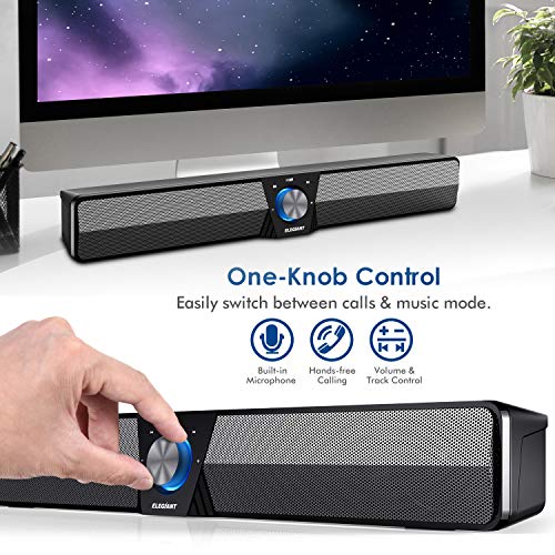 Bluetooth 5.0 Computer Speakers, ELEGIANT 20W Wired/Wireless Computer Sound Bar, Mini Soundbar Speaker with Strong Bass One-Button Control LED Light for PC Cellphone Desktop Tablet Laptop TV - Thumbnail 3