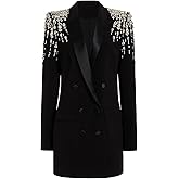 NCDIMS Women's Rhinestone Long Blazer Dress Jacket Luxury Handmade Diamond Satin Collar Double Breasted Women Suit Outfits
