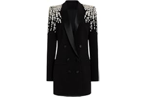 NCDIMS Women's Rhinestone Long Blazer Dress Jacket Luxury Handmade Diamond Satin Collar Double Breasted Women Suit Outfits