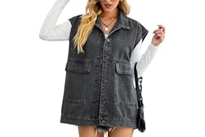 HOULENGS Women's Oversized Denim Vest Sleeveless Jean Jacket Button Down Lapel Denim Waistcoat with Pockets