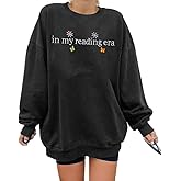 LUKYCILD Book Lover Sweatshirt Women in My Reading Era Embroidered Shirts Bow Graphic Bookish Sweater Teacher Gifts Top