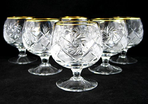 SET of 6 Russian Cut Crystal Cognac Scotch Whiskey Stemmed Snifter Goblet Glass 24K Gold Rimmed 10 Oz. Vodka Liquor Old-fashioned Glassware Hand Made