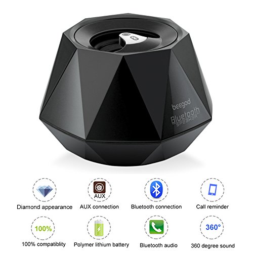 Bluetooth Speakers, beegod Mini Diamond Bluetooth Wireless Stereo Speaker with Mic For Phone and AUX Line In (Black)