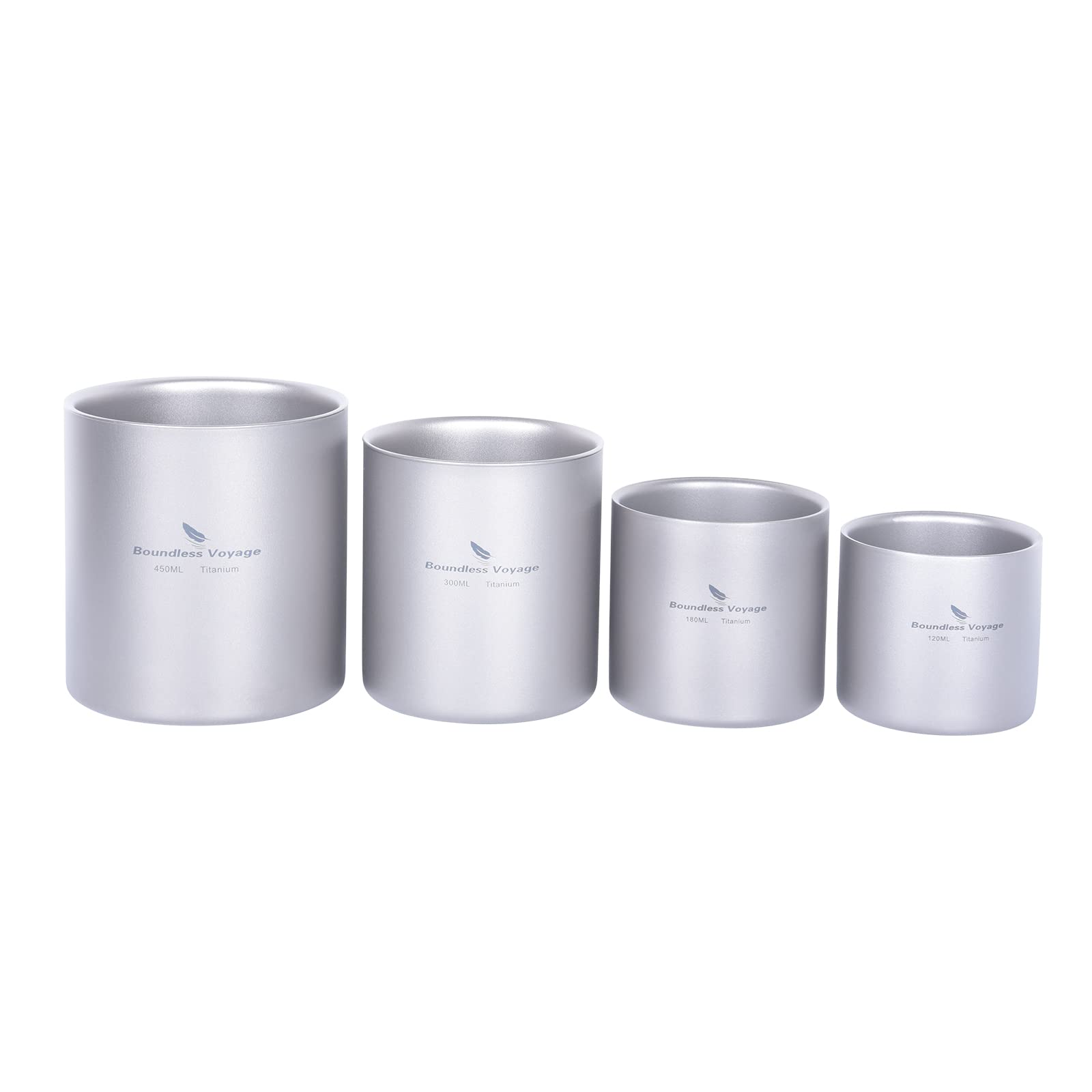 iBasingo Titanium Double-Walled Cups Set 120ml 180ml 300ml 450ml Cold Hot Insulated Tea Coffee Cup Ultralight 4 in 1 Stackable Drinking Mug Portable Tableware for Outdoor Camping Daily Used Ti3032D