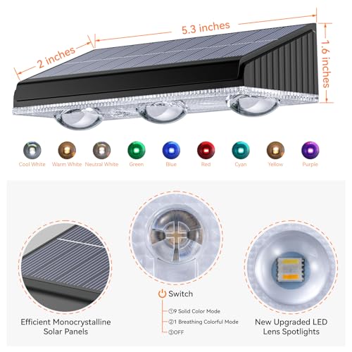 Solar Fence Lights Outdoor 10 Pack, Upgraded Brightness 3X LED Lens Fence Lights Solar Powered, 9 Fixed Colors & RGB Lights, IP65 Waterproof Solar Lights for Outside Backyard/Railing/Step/Patio