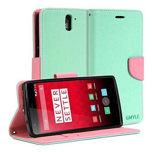 OnePlus One Case, GMYLE Wallet Case Classic for OnePlus One - Mint Green & Pink Cross Pattern PU Leather Slim Stand Case Cover