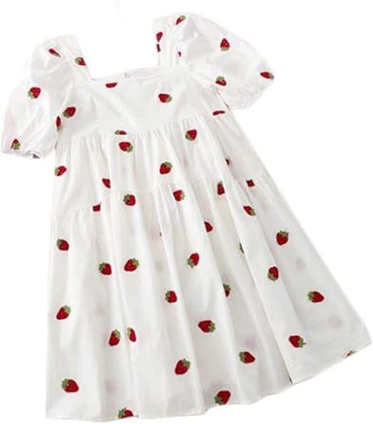 Amazon セイーワイ ヴィンテージ ホワイト 甘い 半袖 Vネック ワンピース フルーツ柄 プリントワンピース ハイウェスト レディース プリンセスワンピース ワンピース チュニック 通販