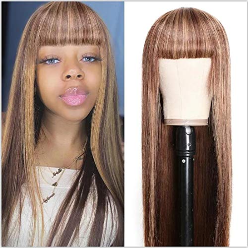 Beauty-Forever-Honey-Blond-Ombre-Highlight-Silk-Straight-Wig-With-Bangs-Glueless-None-Lace-Human-Hair-Wigs-for-Women-Brazilian-Virgin-Hair-Full-Machine-Made-Wig-Breathable-Net-Cap-20-Inch