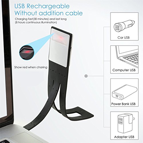 Book Light - Picowe LED Reading Light, USB Rechargeable and 4-Level Adjustable Brightness Flexible Reading Lamp, Clip On for Kindle, Book, eBook Reader, Ipad and More (Black)