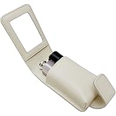 AgentMoon Luxury Handheld Lipstick Pouch with Mirror,Genuine Leather Lip Balm Case with Clamshell Magnetic Hidden Clasp,Exquisite Travel Makeup Lipstick Case. 4.1x2.3x1.8 inches (Off-white)